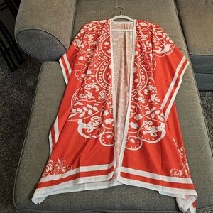 Red White Open Front Beach Coastal Kimono Cover Up Size Large/XL